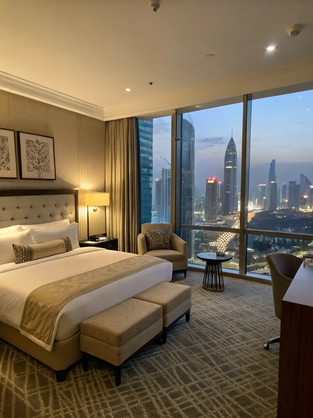A luxurious hotel room with a view, showcasing comfortable accommodation options.