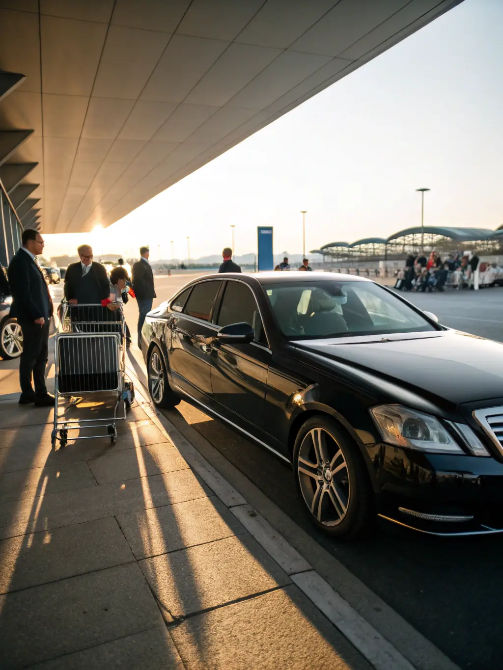 A modern car parked at an airport, ready for transportation services.