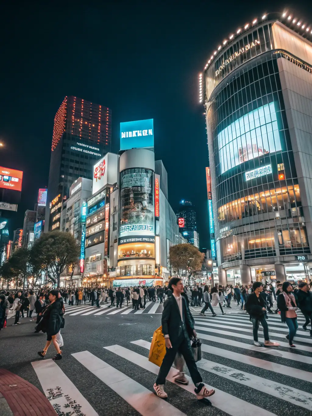 A bustling street scene in Tokyo, Japan, with neon lights, modern architecture, and people crossing the street. This image will represent Tokyo as a modern and cultural travel destination.