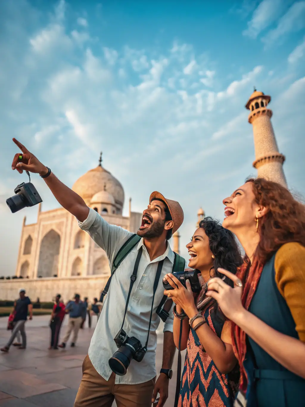 A group of tourists on a guided tour, exploring a historical landmark with a knowledgeable guide.