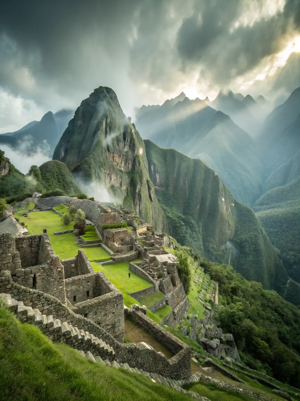 A captivating image of the ancient ruins of Machu Picchu in Peru, shrouded in mist and surrounded by towering mountains. This image will represent Machu Picchu as an adventure travel destination.