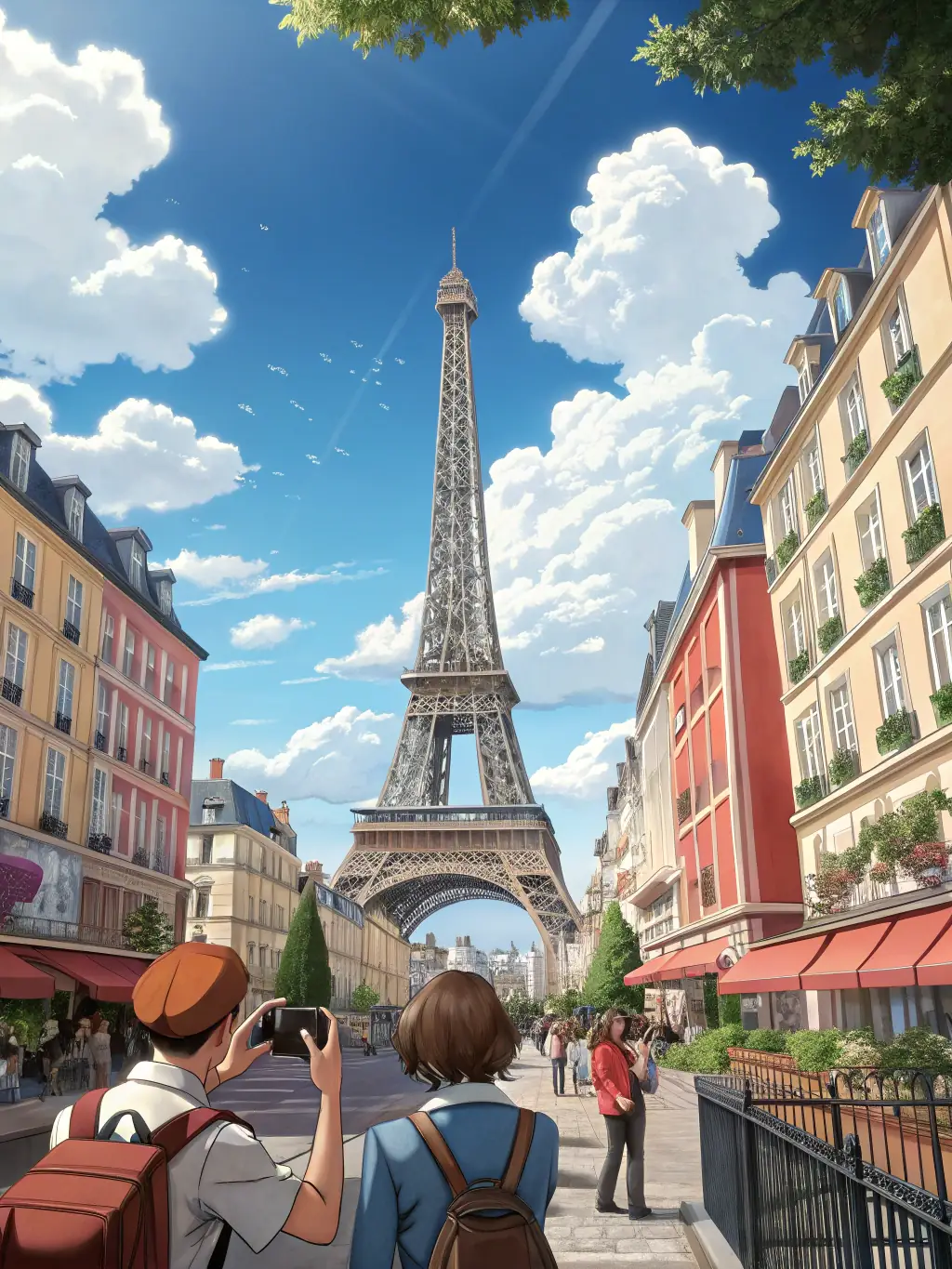 A vibrant image of the Eiffel Tower in Paris, with tourists enjoying the surrounding gardens on a sunny day. This image will represent Paris as a top travel destination.